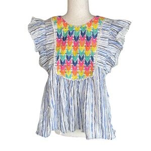 THML Blue White Striped Embroidered Flutter Sleeve Top - M